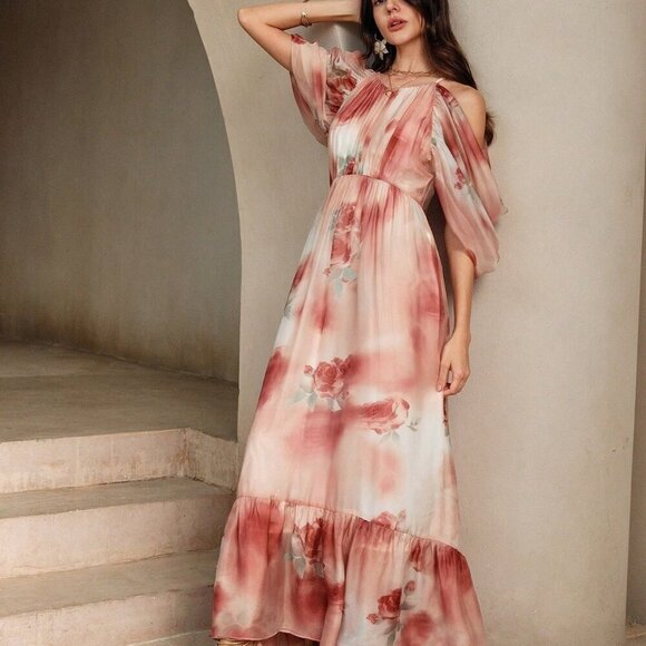 Multicolor Boho Women's Beach Style Silk Halter Neck Drop-Shoulder Floral Dress - Picture 7 of 7